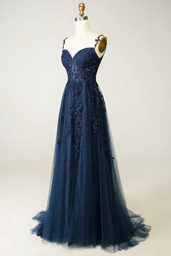 Wholesale Navy Blue Tulle Lace Long Prom Dress Beautiful Spaghetti Straps Formal Dress